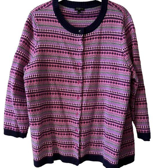 Talbots NWOT Fair Isle Cardigan Purple/Navy Lambswool Blend Size 1X - Picture 1 of 7